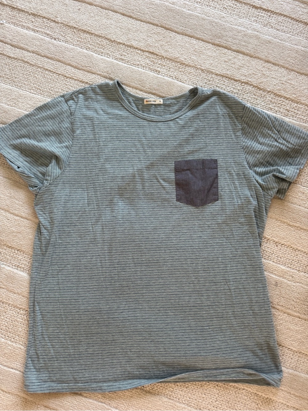 Marine Layer Green Striped Short Sleeve Tee with Navy Pocket